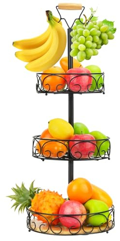 Frutero de 3 Niveles con Colgador para Plátanos, SHAIDOJIO Fruteros de Cocina Desmontable de Metal, Gran Capacidad 27×69cm Fruteros de Cocina Modernos para Verduras Frutas Torta Comedor de la Cocina
