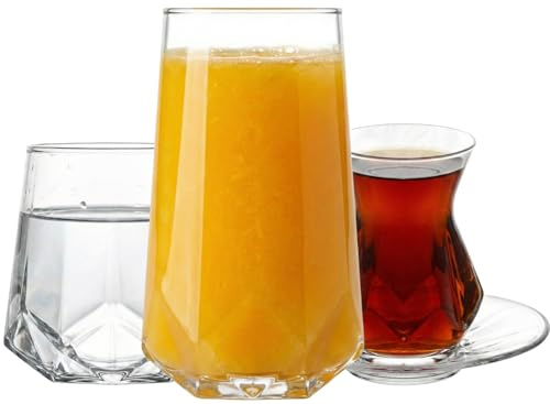 NORDIC SCHILLER 24-teiliges Gläserset, Türkische Teegläser 165ml (6 Tee gläser + 6 Untertassen) 6er Set 400ml Wassergläser, Trinkgläser, 6er Set 460ml Longdrinkgläser Spülmaschinenfest Coktailgläser
