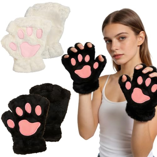 MUNSKT 2PCS Guantes Sin Dedos De Pata De Gato, Guantes Sin Dedos De Peluche, Guantes De Cosplay De Gato De Invierno Cálido De Medio Dedo Lindo Para Mujeres y Niñas Adolescentes