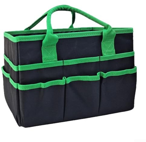 Springwillfly Borsa porta attrezzi da giardino impermeabile con 10 tasche esterne, borsa portaoggetti multi-scomparto per giardinaggio e materiale didattico (nero e verde)
