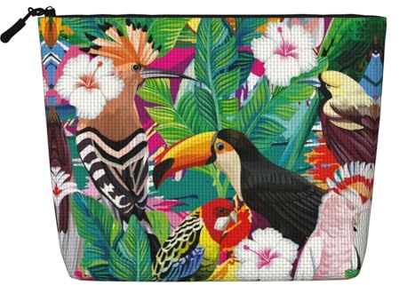 Bolsa de cosméticos de una sola capa con diseño de galaxia del universo, bolsa de aseo de viaje, adecuada para viajes de negocios y uso diario., Pájaros tropicales y hojas de plantas, Talla única