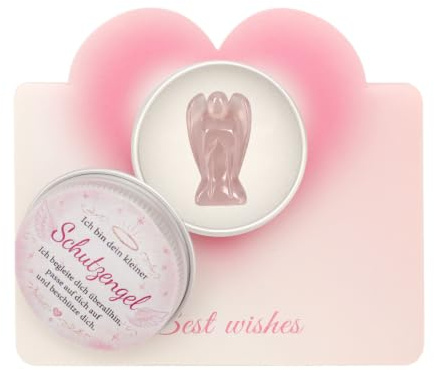WALLFID Schutzengel Glücksbringer – Edelstein-Engel im stoßgeschützten Alu-Geschenkdöschen mit beschreibbarer Grußkarte, Handschmeichler für unterwegs, Geschenk für Herzensmenschen (Rosenquarz)