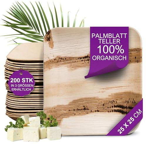 Waipur Bio Palmenblatt-Teller - 200 Teller groß eckig 25x25 cm - Premium Einmalteller kompostierbar - Umweltfreundliches Partygeschirr - Palmblatt Geschirr