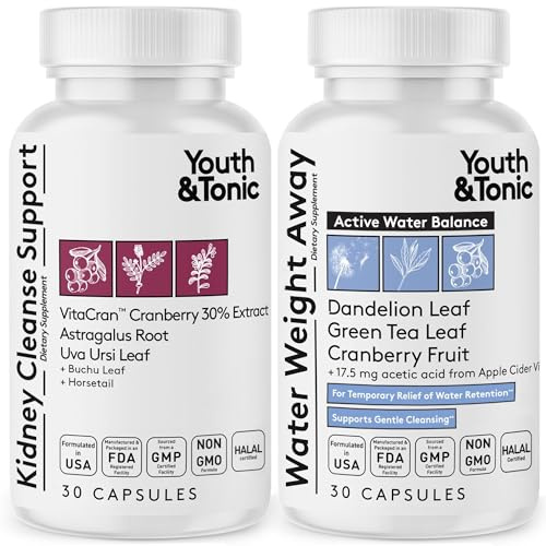 Youth & Tonic Gentle Body Cleanse & Detox – Clean Reset with Natural Flush & Diuretic Balance – 2PK: Kidney Cleanse Support + Water Weight Away, 60 Pills