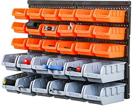 Taylor & Brown 30pc Wall Mounted Storage Bins & Backboards Tool Organiser Box for Garage Shelving Units Workshop DIY Shed Storage Box Rack Plastic Drawers
