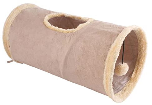 bozitian Katzentunnel Katzenspielzeug mit Hängende Kugel Faltbar Spieltunnel Knisternder Rascheltunnel für alle Katzen und kleine Tiere 1 Höhlen 50 25cm, Khaki