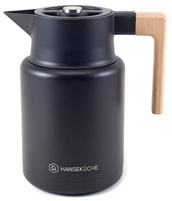Hanseküche Thermoskanne 1,4L aus hochwertigem Edelstahl - Isolierkanne, Kaffekanne mit edlem Holzgriff (Schwarz)