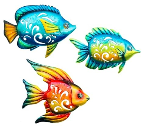 J-Fly Wanddekoration Ozean Metall Fisch Wandkunst Dekoration für drinnen und draußen Tropische Fisch-Wand-Skulptur-Pool-Badezimmer-Schlafzimmer Wanddekoration 24cm