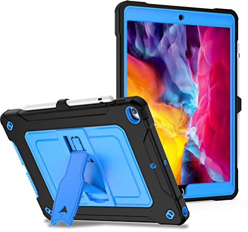 Funda de Silicona para iPad de 10.2 Pulgadas generación 7/8/9 (2019/2020/2021) con Soporte Plegable Lateral y Correa para el Hombro, Color Negro y Azul