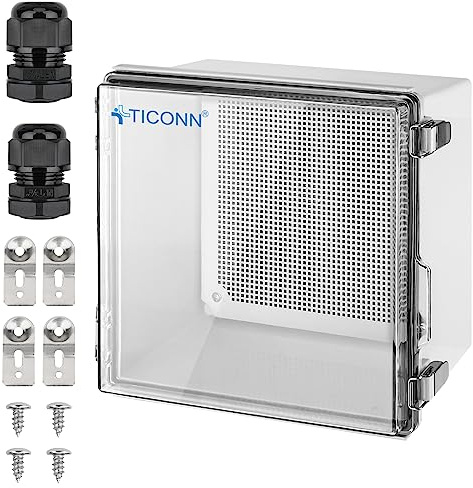 TICONN Outdoor Electrical Box Waterproof, Junction Box IP67 ABS Plastic Enclosure with Hinged Cover with Mounting Plate, Wall Brackets, Cable Glands (Clear, 11.8x11.8x7.1)
