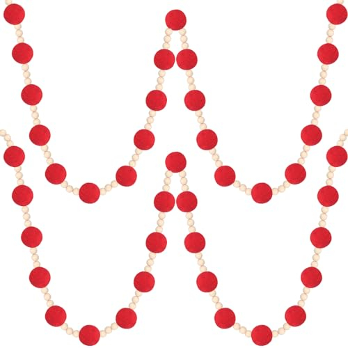 Barydat 2 Stück 1,8 m Weihnachten Rot Filzkugel Girlande mit Holzperle Pom Pom Girlande, Filz Girlande Pompon Girlande Dekor Weihnachtsgirlanden Weihnachtsbaum Dekoration für Wand Decke Tür Zuhause