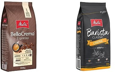 Melitta BellaCrema Espresso Ganze Kaffee-Bohnen 1kg & Barista Classic Crema, Ganze Kaffee-Bohnen 1kg, ungemahlen, Kaffeebohnen für Kaffee-Vollautomat, mittlere Röstung, Stärke 3