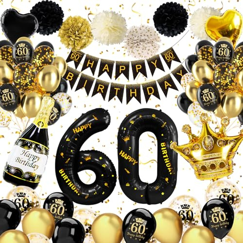 60 Geburtstag Männer Frauen Deko, 60 Mann Frau Schwarz Gold mit Happy Birthday Banner Konfetti Luftballons 60. Geburtstag Nummer 60 Folienballons, Geburtstagsdeko 60 jahre Mann