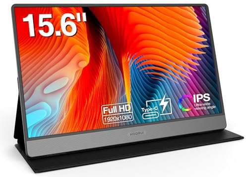 KOORUI 15B1 Portable Monitor, 15.6 Inch 1920 x 1080 FHD IPS Second Screen with Built-in Speakers for Laptop, PC, Mac, Xbox, PS5/4/3, USB Type C & Mini HDMI, Smart Cover