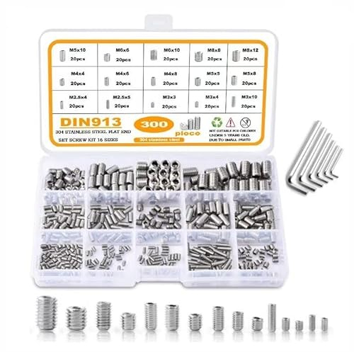 Gewindestift-Sortiment, 300 Stück/Set, Innensechskantschrauben, Flachspitze, Gewindestift-Sortiment, 304 Edelstahl, M2,5, M3, M4, M5, M6, M8, Kopflose Stellschraube
