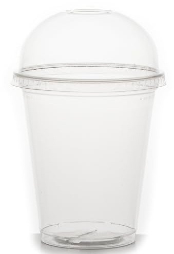 Commerline 50 stycken 400 ml smoothiemuggar inklusive kupollock med slits, smoothie plastkopp to go, drickkopp + kupollock med öppning, dessertkopp, bubbelteakopp, plastmugg