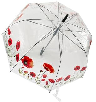click2style Windproof Poppy Print Long Clear Automatic Umbrella 8 Fibreglass Ribs 7996