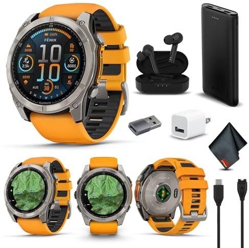 Garmin Fenix 8 51MM AMOLED Sapphire Premium Multisport GPS Smartwatch Titanium with Spark Orange/Graphite Silicone Band, Built-in LED Flashlight, Fitness & Health Smart Watch Bundle for Men & Women