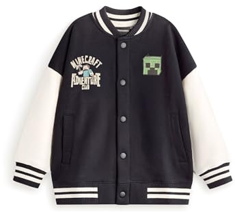 Minecraft Bomber Creeper en Blanco y Negro | Chaqueta universitaria para niños con gráficos Adventure Club | Ropa casual de manga larga Ropa de abrigo | Mercancía