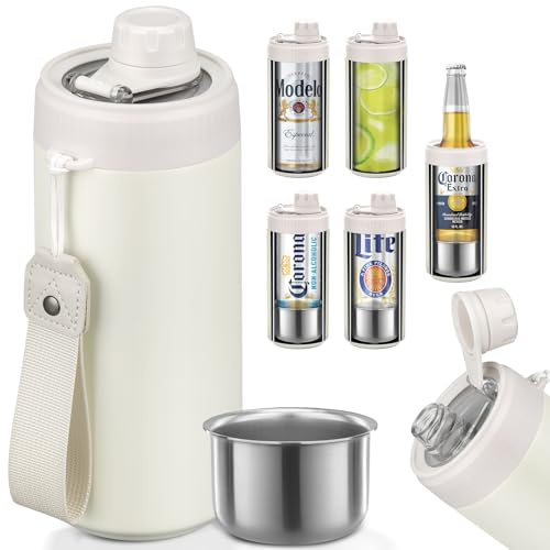 5-in-1 Insulated Can Cooler with Fizz Lid, 12 & 16 oz Slim Can Cooler for Beer&Soda, Stainless Steel Can Holder for Regular Universal Bottles (White)