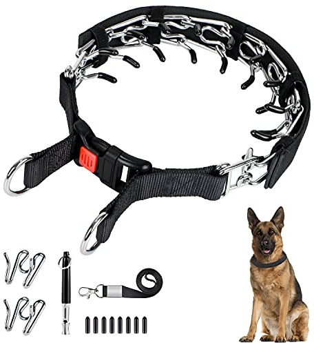 Kletloop Dog Prong Traing Collar, Choke Pinch Collar [2 Extra Links][Dog Whistle][Cover] with Martingale Chain and Rubber Caps, for Medium Large Breed-M