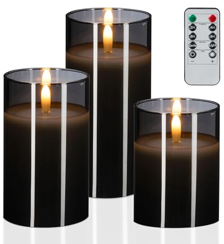 Relaxdays LED-ljus i glas, uppsättning av 3, fjärrkontroll, timer och flimrande låga, äkta vax, vindlampor flamlösa, grå