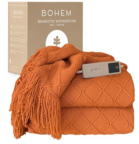 BOHEM elektrisk värmefilt 180 x 130 cm - 9 värmenivåer, 1–9 timmars timer, automatisk avstängning - stor röd uppvärmd filt, maskintvättbar för soffa och säng