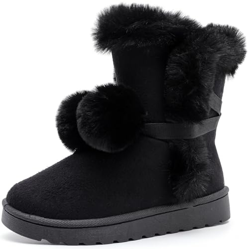 PPXID Femme Bottes Fourrure Fourrée Cheville d'Hive à Lacets et Pompons Princesse Bottes de Neige -Noir 40