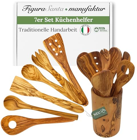Figura Santa Küchenhelfer-Set mit Utensilienbecher, 7-teilig, Olivenholz, Küchenutensilien inkl. Salatbesteck, Pfannenwender, Kochlöffel, Risottolöffel, 30 cm