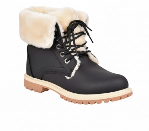 New White Women Combat Flat Grip Sole Fur Lined Ankle Boots Shoes UK Sizes 3-8 (Black, UK 5, UK Footwear Size System, Adult, Women, Numeric, Medium, 5)