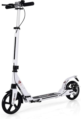 GOPLUS Scooter Plegable con Doble Freno, Patinete con Manillar Ajustable (86,5-101 cm), Sistema de Absorción de Impactos para Adultos, 8+ Años, Carga hasta 100 kg (Blanco)
