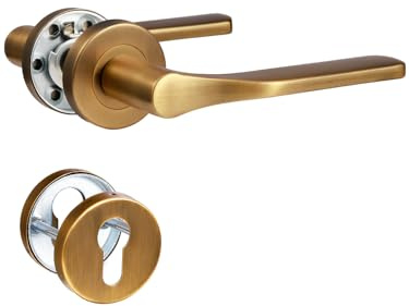 SORWDUERM Türgriff Antik messing Drückergarnitur, Edelstahl matt gebürstet, Türklinke Set für Haustür und Innentür, L-Form, Rund-Rosette, PZ - Profilzylinder