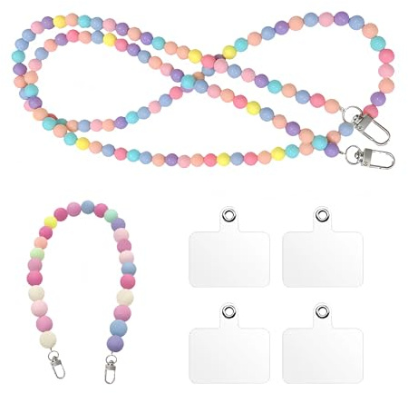 2 Stück Handykette Perlen, Bunte Perlen Taschenkette Handyband Zum Umhängen Abnehmbare Schulterriemen Hülle Anhänger Handykette Universal Handy Kette mit 4 Klarem Einsätzen für die Meisten Smartphones