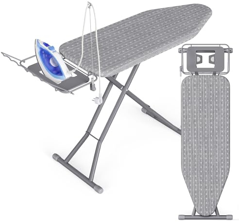 SONGMICS Bügelbrett, 122 x 38 cm Bügelfläche, höhenverstellbar, klappbar | Bügeltisch, mit Kabelhalter, Bügeleisenablage, Haken, Taubengrau, BORIX Kollektion LLB004G101
