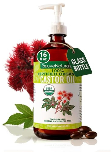 RejuveNaturals Castor Oil (16oz Glass Bottle) USDA Certified Organic, 100% Pure, Cold Pressed, Hexane Free. Boost Hair Growth for Thicker, Fuller Hair, Lashes & Eyebrows.