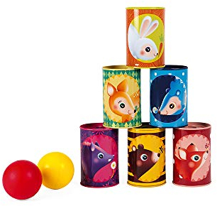 Janod - Dosenwurf-Spiel mit Waldmotiv, Spiel für draußen, 6 Metalldosen und 2 Schaumstoffbälle, feinmotorische Fähigkeiten, ab 3 Jahren, J03206