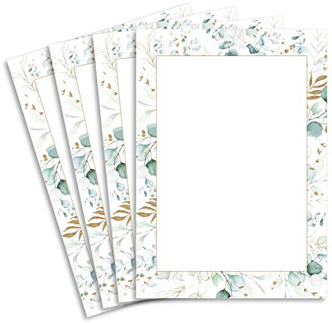 25 Briefbogen DIN A4 - Naturpapier in Creme - Rahmen mit Eukalyptus-Zweigen - 120 g/m² - 21,0 x 29,7 cm Briefpapier bedruckbar zum selbst Beschreiben ideal für Einladungen zu Hochzeit und Geburtstag