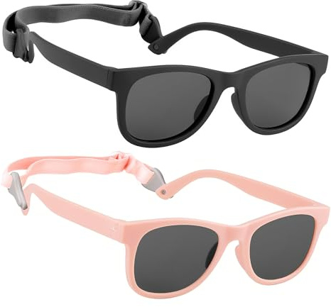 HXS 2-Pack Polarized Toddler Sunglasses with Strap for 2-4 Year Olds,Pink & Black