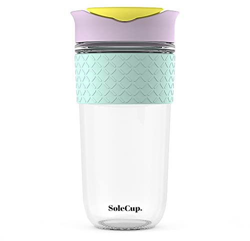 SoleCup. - Reusable Strengthened Glass Travel Cup - Spill Proof Coffee Mug - 18oz/530ml BPA-Free Hot Drink Travel Mug with Lid & Silicone Band (Ice Cream, 18oz / 530ml)
