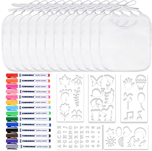 faburo 12 Stück Lätzchen für Babys, weiß, zum Bemalen, 20 x 24 cm, 14 Textilmarker mit 5 Malschablonen für Neugeborene, Babyparty, Mädchen, Jungen, ideal zum Dekorieren und Bemalen