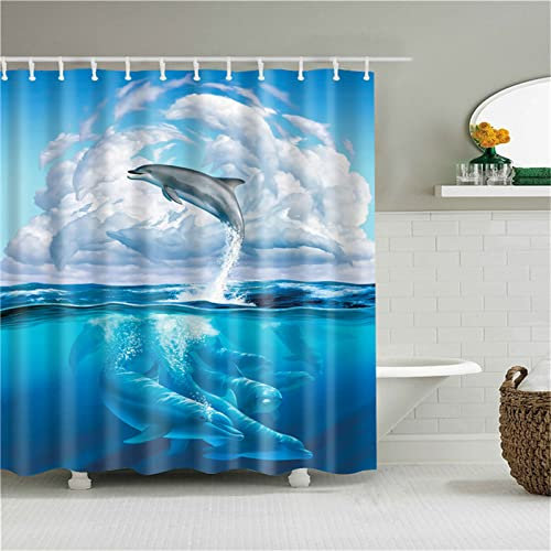 Jqynn Duschvorhang für Eckdusche und Kleine Badewanne, Bad Vorhang Textil aus Polyester Stoff Schimmelresistent Wasserabweisend und Waschbar, Delfin， 180x240cm mit Duschvorhangringen Shower Curtains
