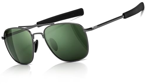 SUNGAIT Men's Military Sunglasses Polarized Pilot Style Bayonet Temples (Gunmetal Frame/Dark Green Lens) SGT285QKML-UK