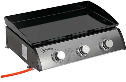 Outsunny Gas Plancha Barbecue Grill with 3 Stainless Steel Burner, 7.5kW, Portable Tabletop Gas BBQ with Non-Stick Griddle for Camping Picnic Garden Party Festival