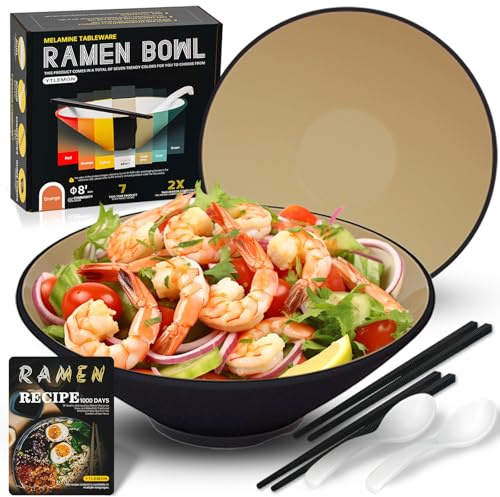 YTLEMON Plastic Ramen Bowl Set of 2 - Japanese Salad Noodles Cereal Fruit Pasta Soup Large Bowls 2×1000 ml 33 Ounces with Recipes Chopsticks and Spoons for Camping Party Men and Women Gifts Ideas