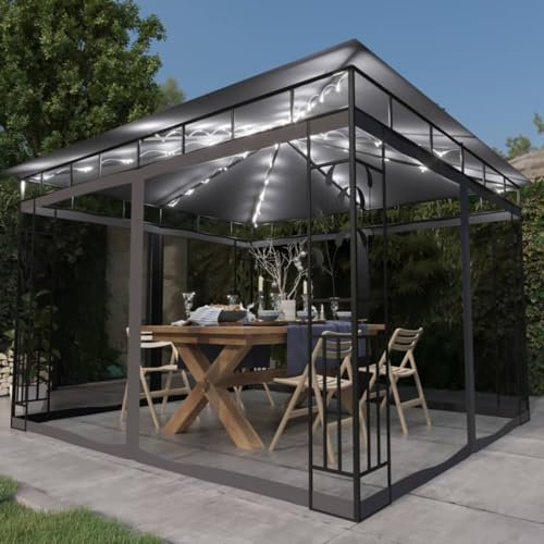 ZEYUAN Gazebo with Mosquito Net&LED String Lights 3x3x2.73m Anthracite,Replacement Gazebo Canopy,Garden Patio Canopy,Hot Tub Sun Canopy