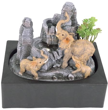 Zimmerbrunnen mit LED-Beleuchtung | Tischbrunnen mit Wasserfall und Elefanten-Motiv | dekorativer Zierbrunnen in Felsoptik | Wasserbrunnen für Zuhause und Büro