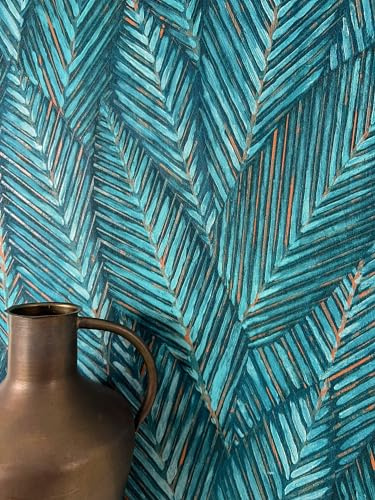 Newroom Vliestapete Blau Dschungel Palmenblätter Tapete Wohnzimmer | mattes Blättermuster in Fischgrätoptik, Türkis Petrol mit Orangetönen, Mustertapete maritim, Wandtapete Schlafzimmer Flur