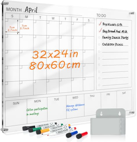 MAKELLO Clear Whiteboard Calendar 80x60cm, Acrylic Monthly&Weekly Planner | Wall Mounted, Smooth Writing, Easy to Wipe, Complete kit, Easy to Install, Planning for Office, School, Kitchen, Family, Home