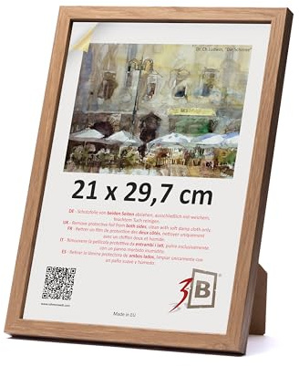 3-B Bilderrahmen MEGA - Braun (Eiche mit optisch sanfter Holzmaserung) - 21x29,7 cm (A4) - Holzrahmen, Fotorahmen, Dokumentenrahmen mit Acrylglas