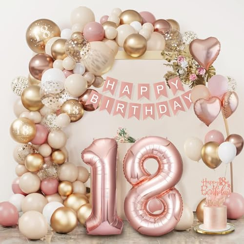 Deko 18. Geburtstag Mädchen, Dargds 18 Geburtstag Deko, Geburtstagsdeko 18 Mädchen mit Luftballons Roségold 18, Happy Birthday Girlande, Roségold Ballons